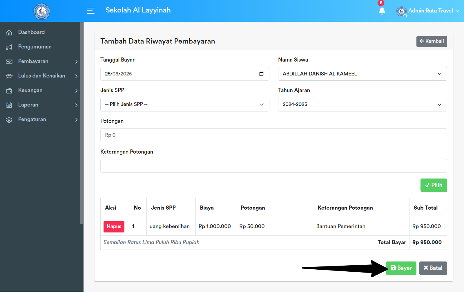 Form Simpan Riwayat Pembayaran